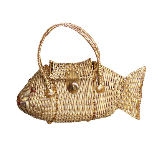 1960s Ivory & Gold Wicker Fish Purse