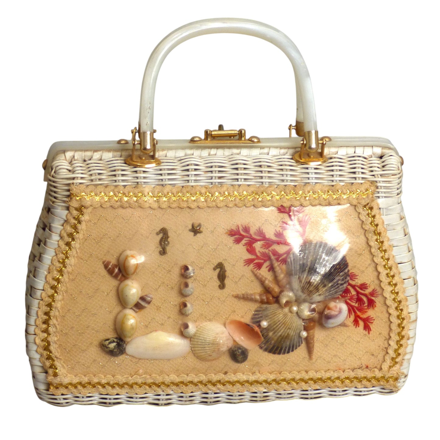 1960s White Wicker Seashell Purse