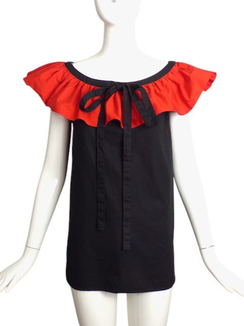 Yves Saint Laurent- 1983 Black & Red Cotton Ruffle Blouse, Size 4