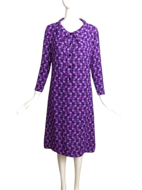 YVES SAINT LAURENT- 1970s Purple Print Silk Dress, Size 6