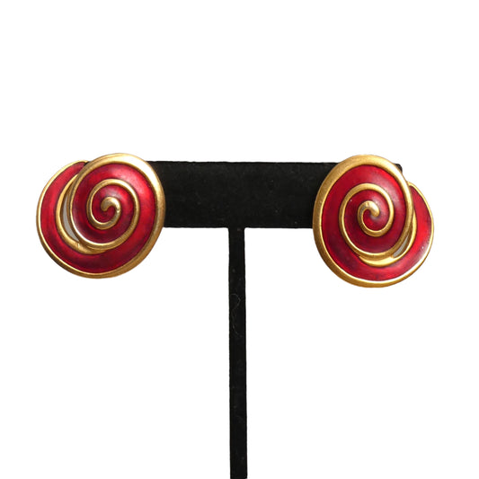 YVES SAINT LAURENT-1980s Orange Enamel Swirl Pierced Earrings