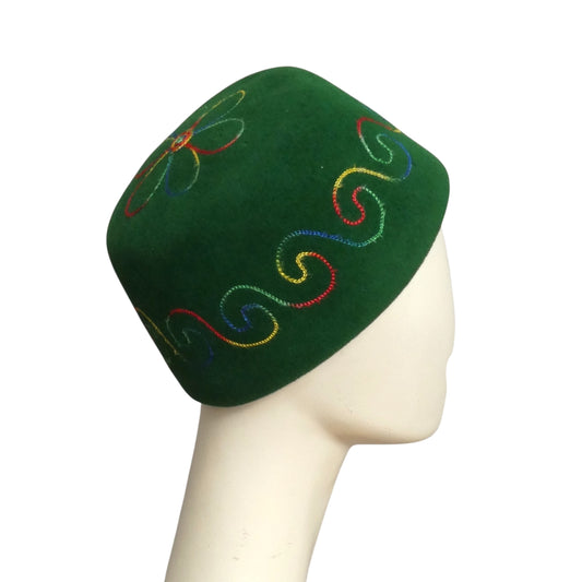 YVES SAINT LAURENT-1960s Green Embroidered Velour Fez