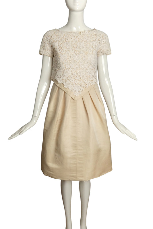 PIERRE CARDIN HAUTE COUTURE- 1960s Ivory Silk & Lace Cocktail Dress, Size 8