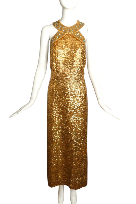 1960s Gold Sequin & Bead Halter Gown, Size 4