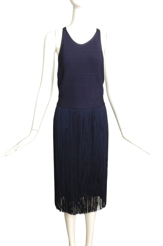 HERVE LEGER- NWT Navy Fringe Bandage Halter34 Dress, Size Small