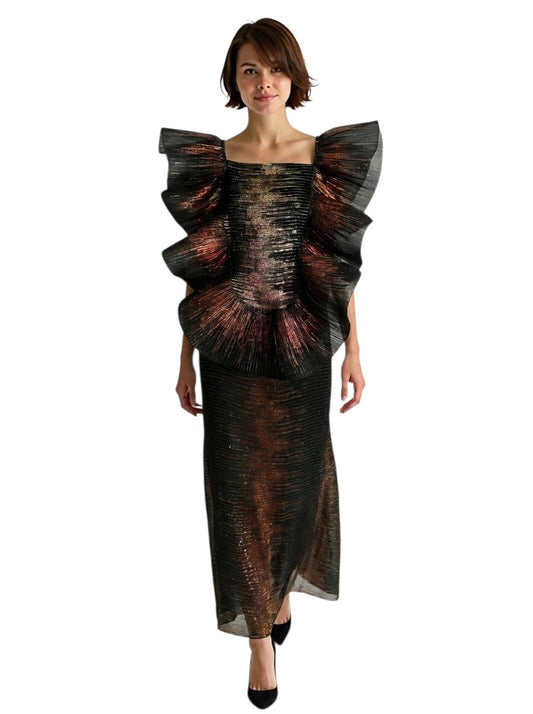 1994 Metallic Plisse Pleat Evening Gown, Size 12