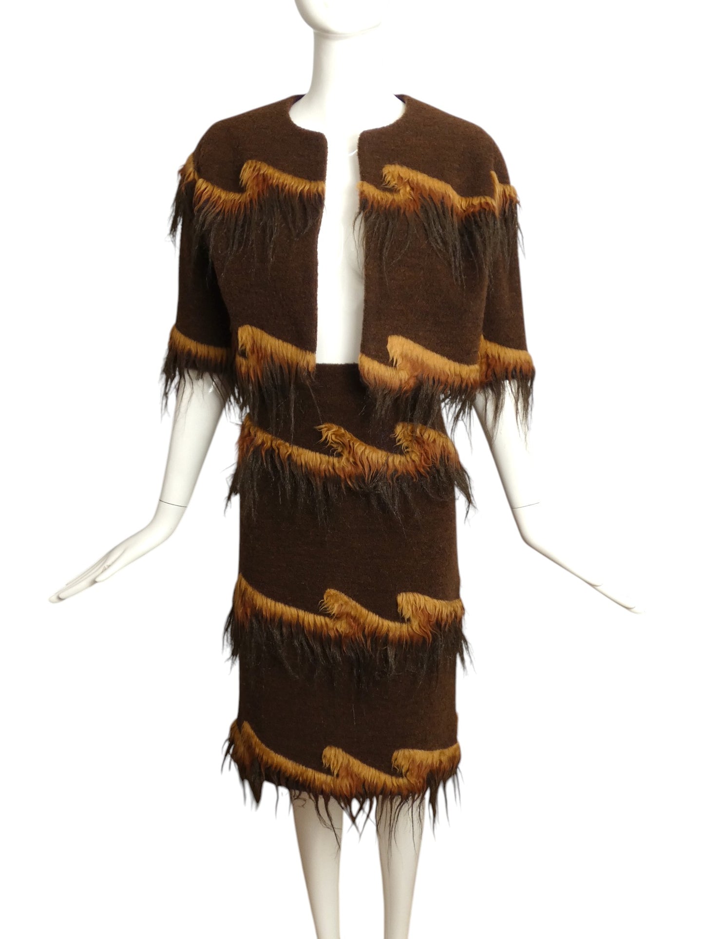 PIERRE CARDIN HAUTE COUTURE- 2004 Fur Trimmed Knit Skirt Suit, Size 8