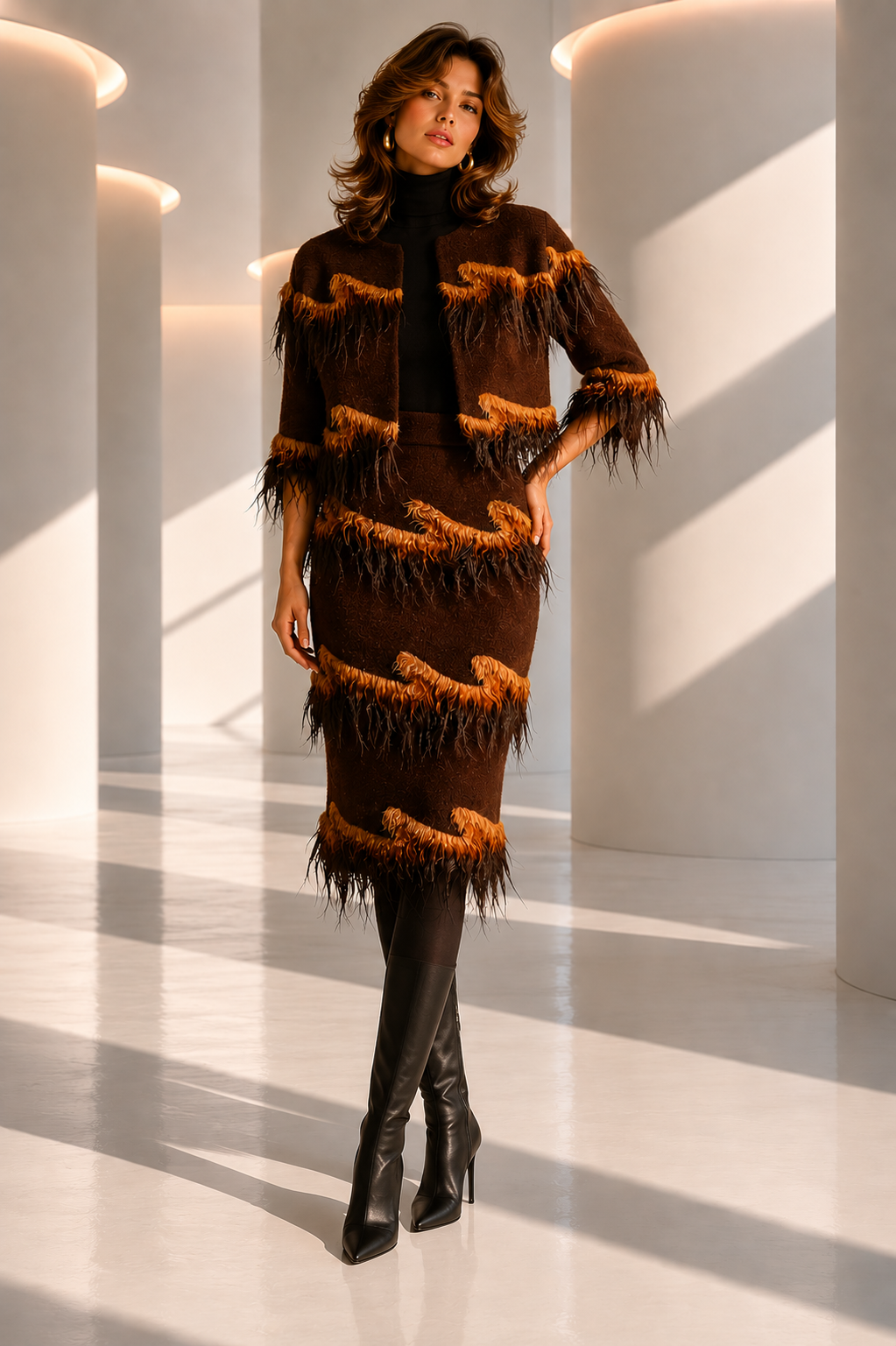 PIERRE CARDIN - 2004 Fur Trimmed Knit Skirt Suit, Size 8