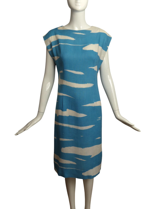 1960s Blue & White Linen Shift Dress, Size 6