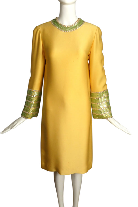 NORMAN NORELL- AS IS 1960s Yellow Rhinestone Trim Dress, Size 8