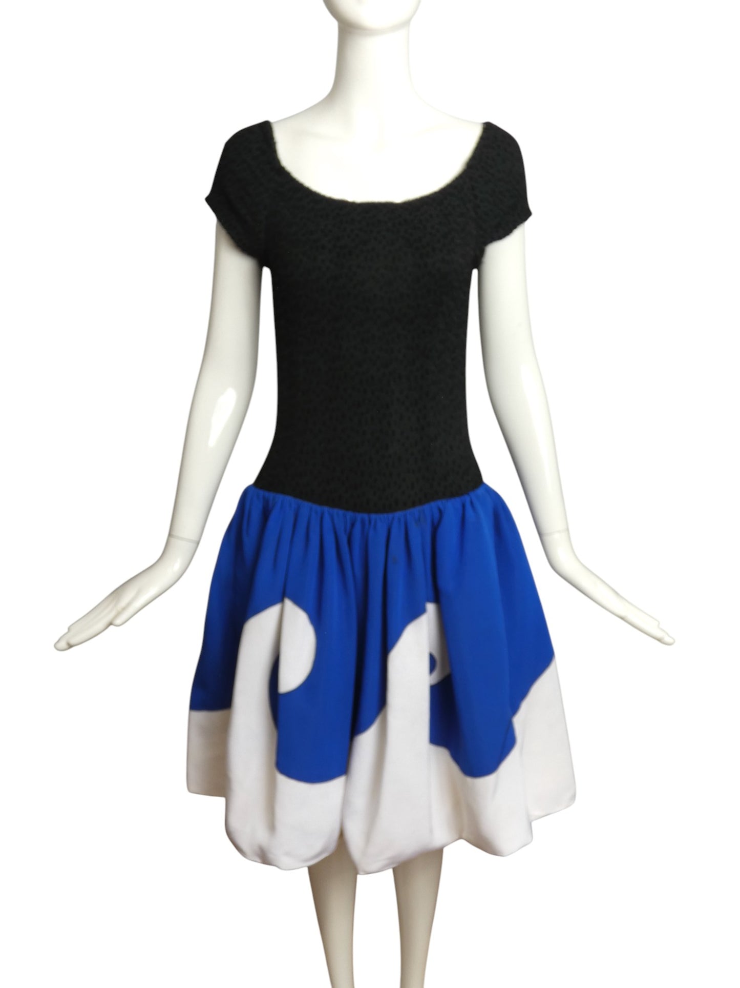 LANVIN- 1988 Black Knit & Blue Faille Dress, Size 8