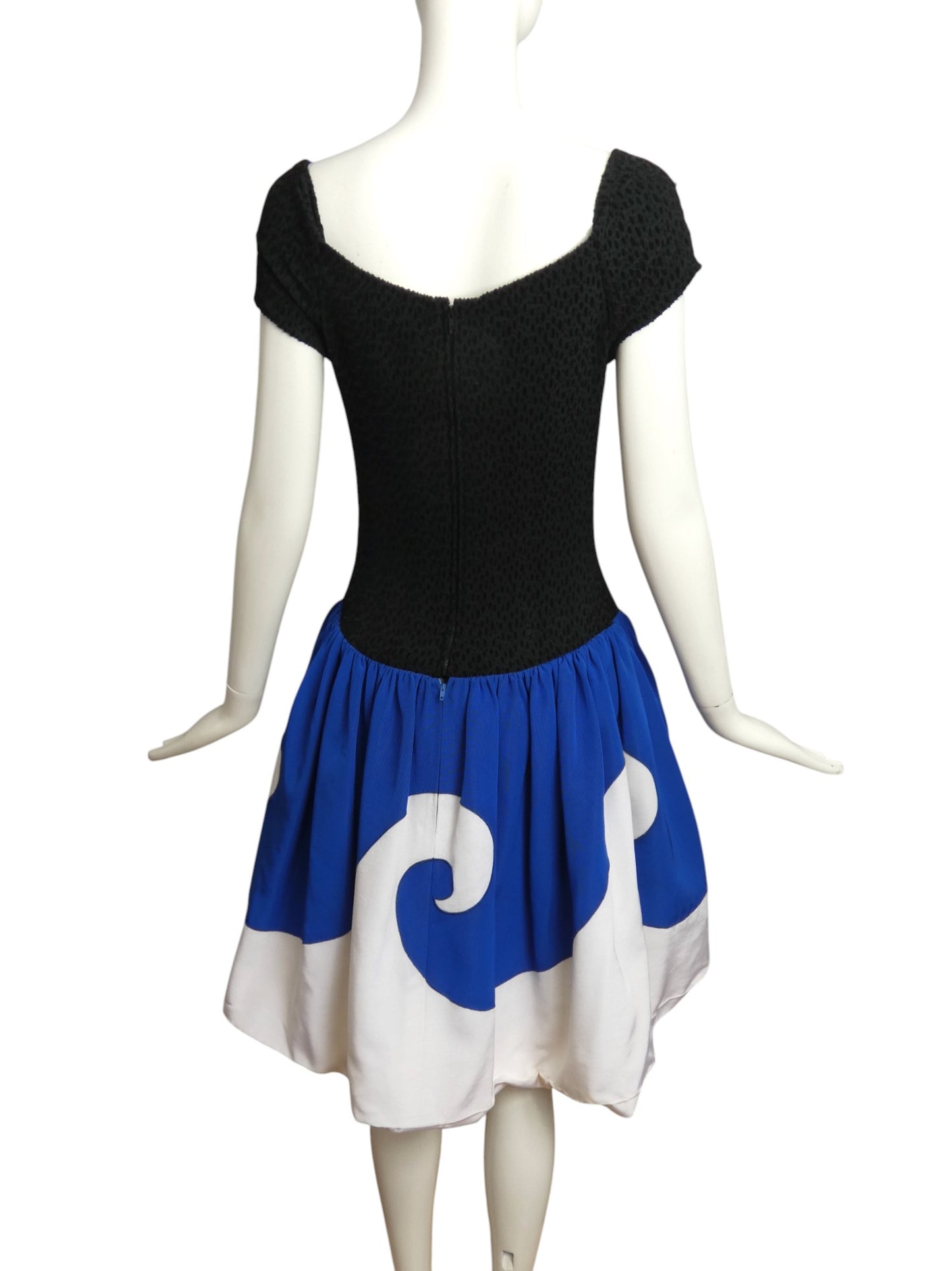 LANVIN- 1988 Black Knit & Blue Faille Dress, Size 8