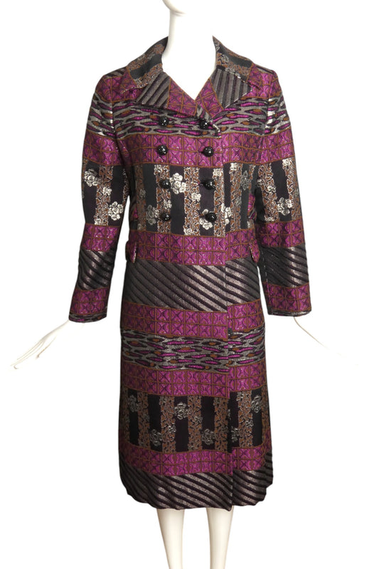 1960s Multi Color Double Breast Silk Brocade Coat, Size 8