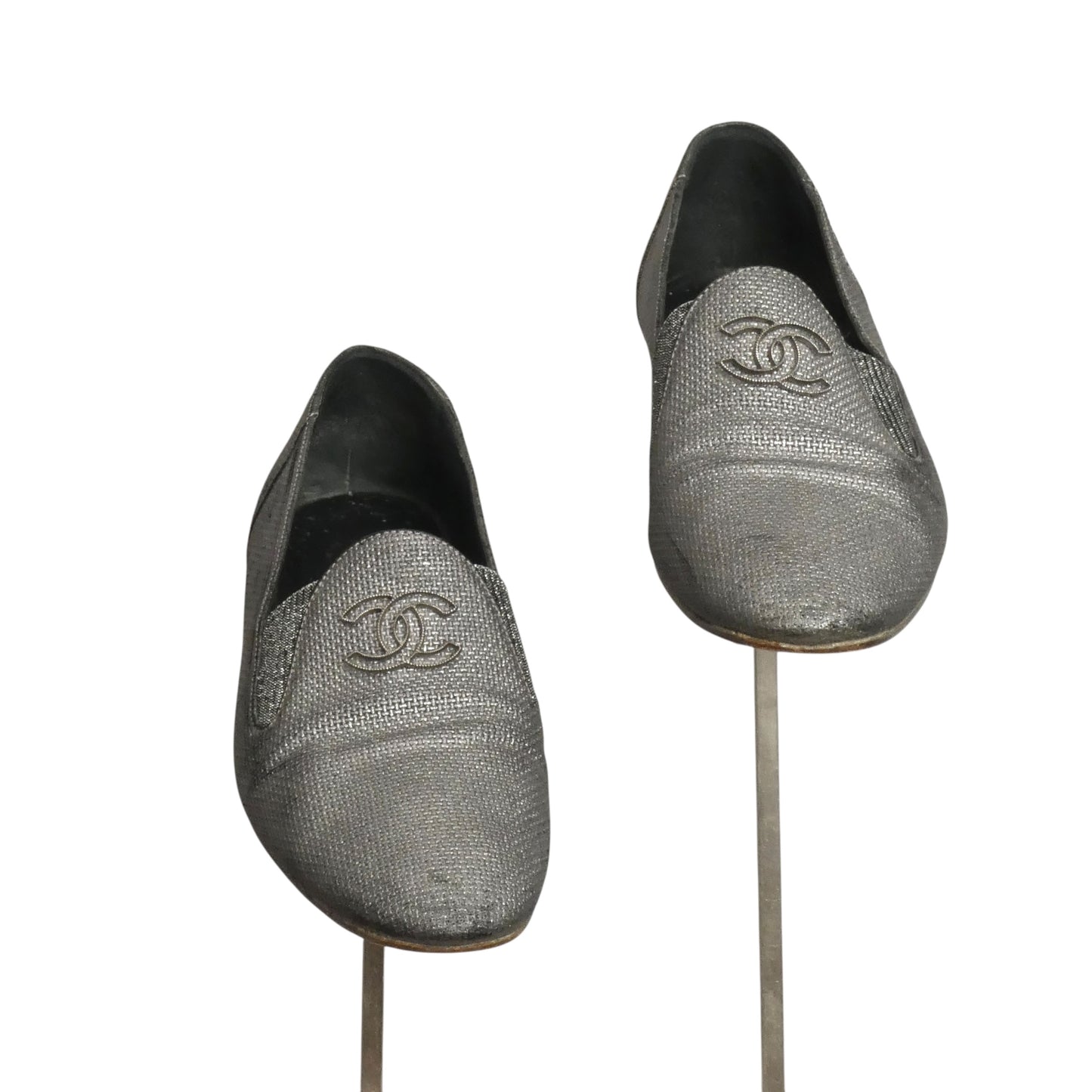 CHANEL- Silver Metallic "CC" Loafers, Size 39