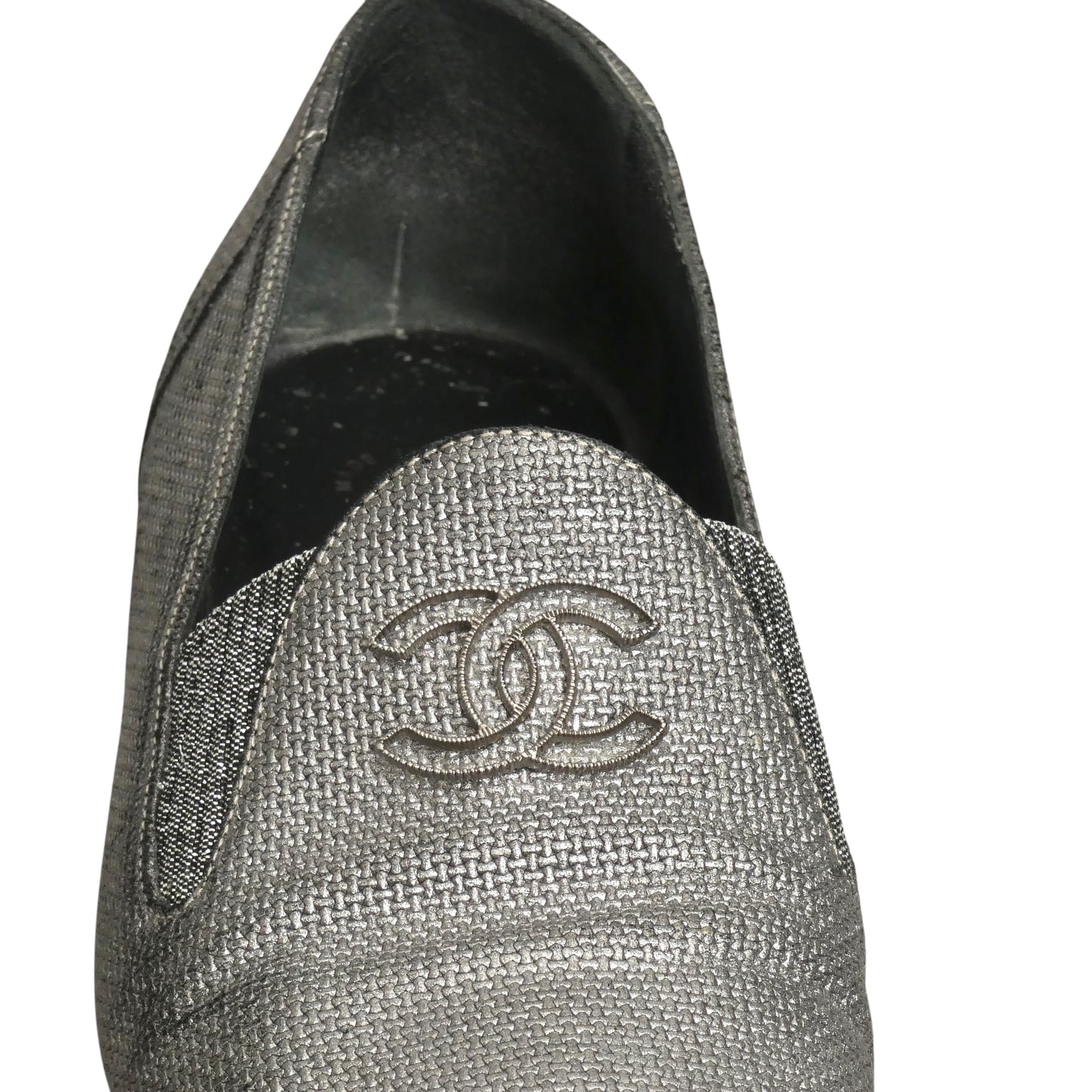 CHANEL- Silver Metallic "CC" Loafers, Size 39
