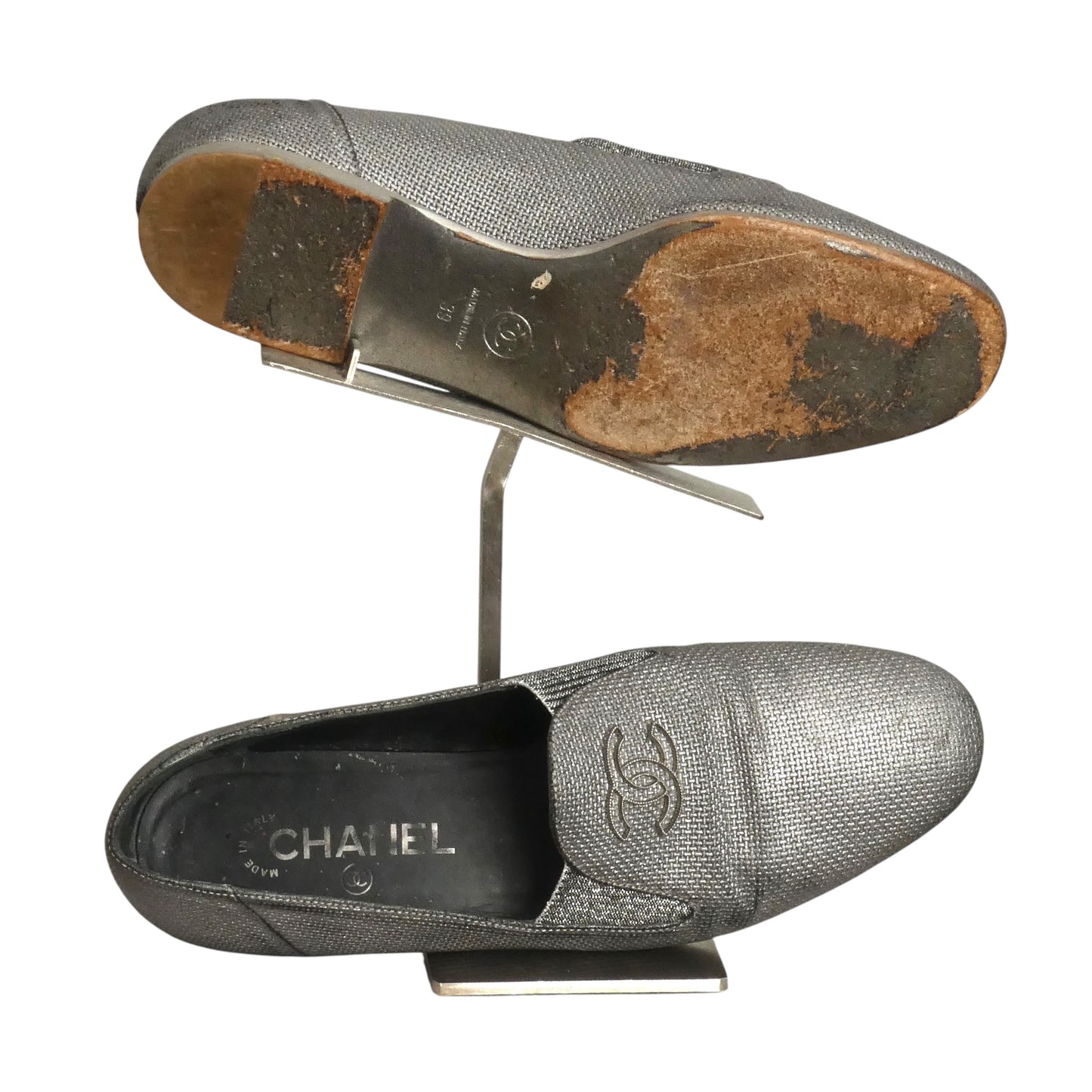 CHANEL- Silver Metallic "CC" Loafers, Size 39