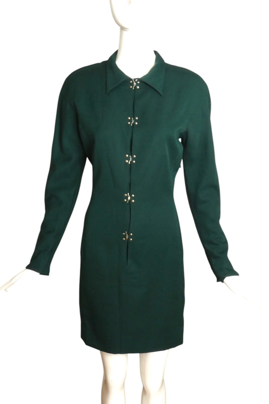 CLAUDE MONTANA- 1980s Green Wool Hook & Eye Dress, Size 4
