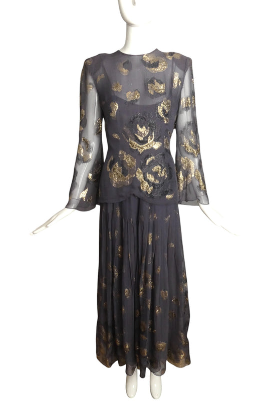 PAULINE TRIGERE- AS IS 1980s Metallic Chiffon Gown, Size 6