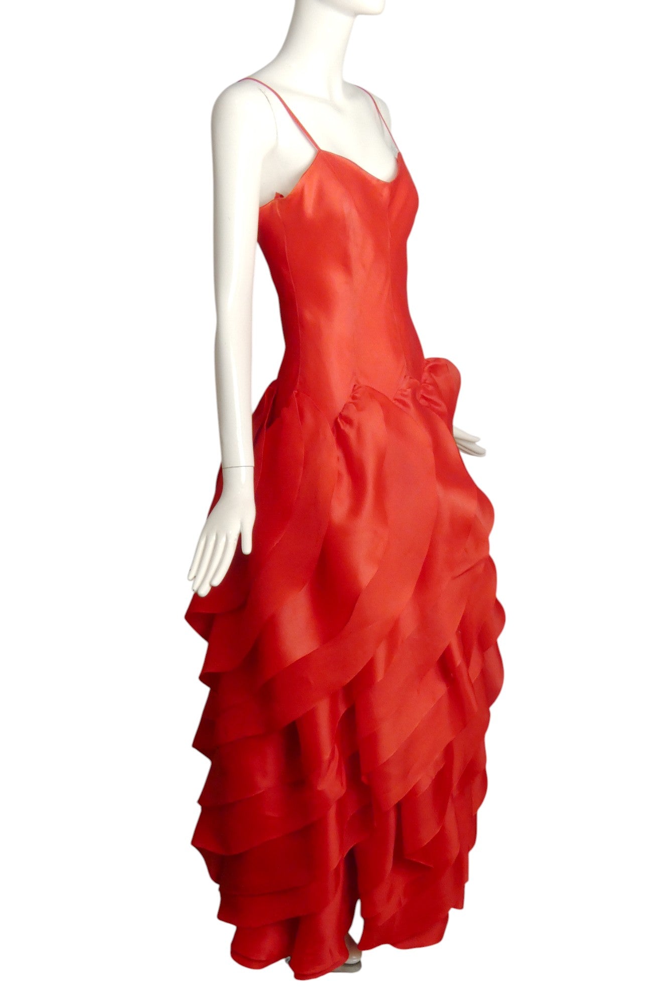 HALSTON- 1981 Red Silk Gazar Petal Gown, Size 8