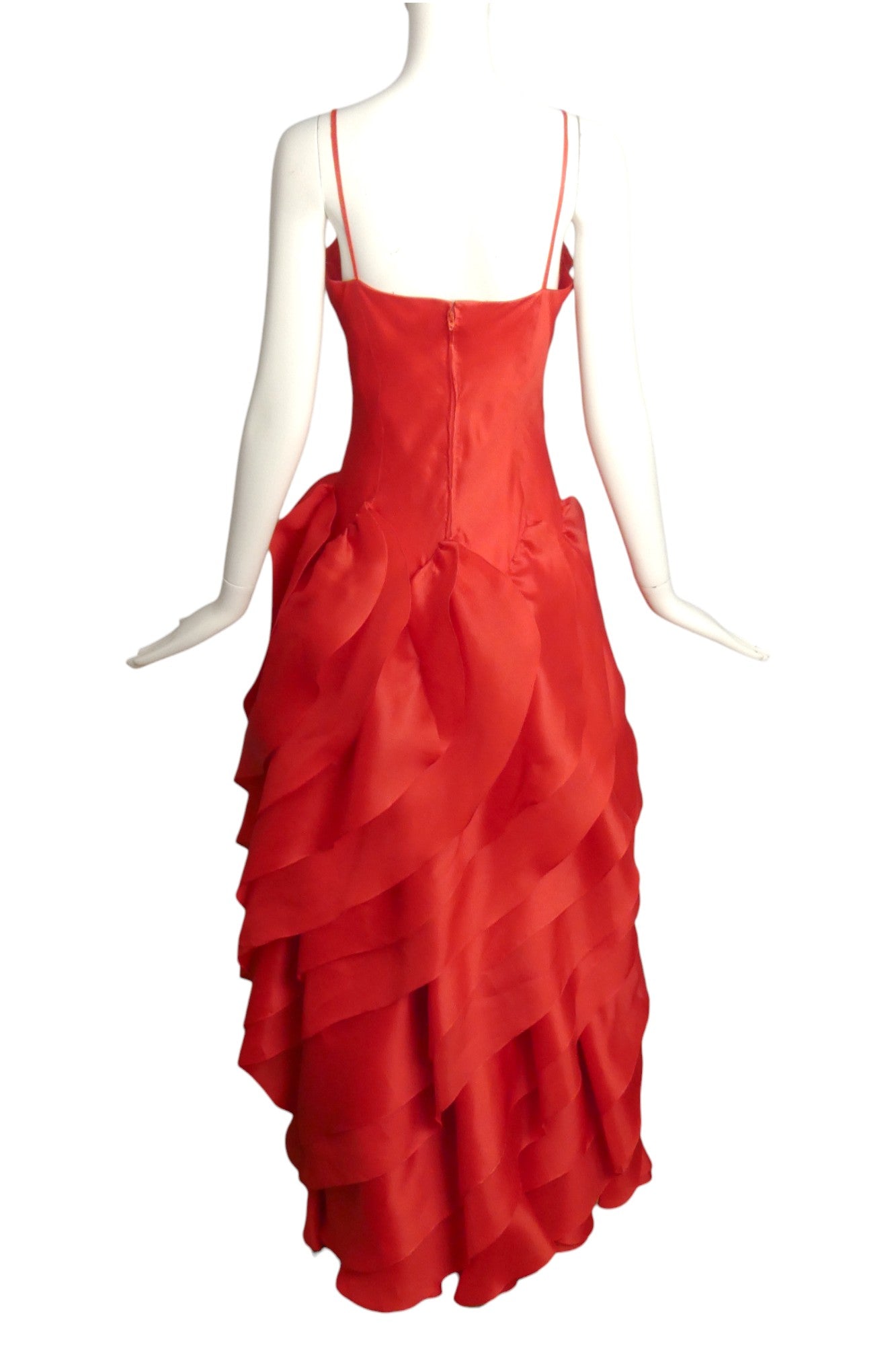 HALSTON- 1981 Red Silk Gazar Petal Gown, Size 8