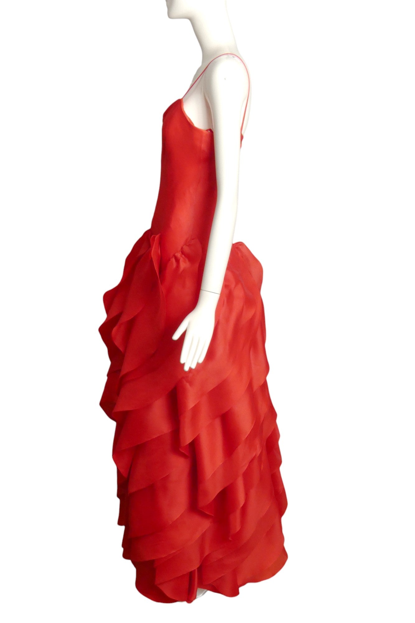 HALSTON- 1981 Red Silk Gazar Petal Gown, Size 8