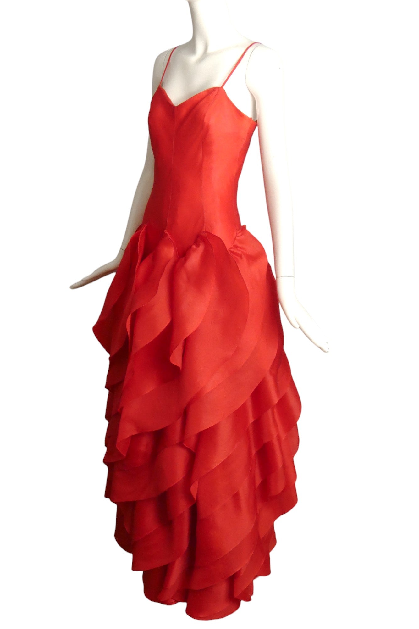 HALSTON- 1981 Red Silk Gazar Petal Gown, Size 8