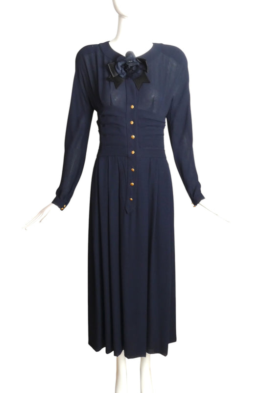 CHANEL BOUTIQUE- 1980s Navy Pleated Chiffon Dress, Size 12