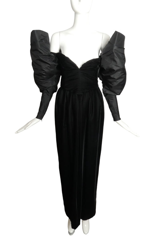TAN GIUDICELLI- 1980s Black Velvet & Taffeta Gown, Size 2