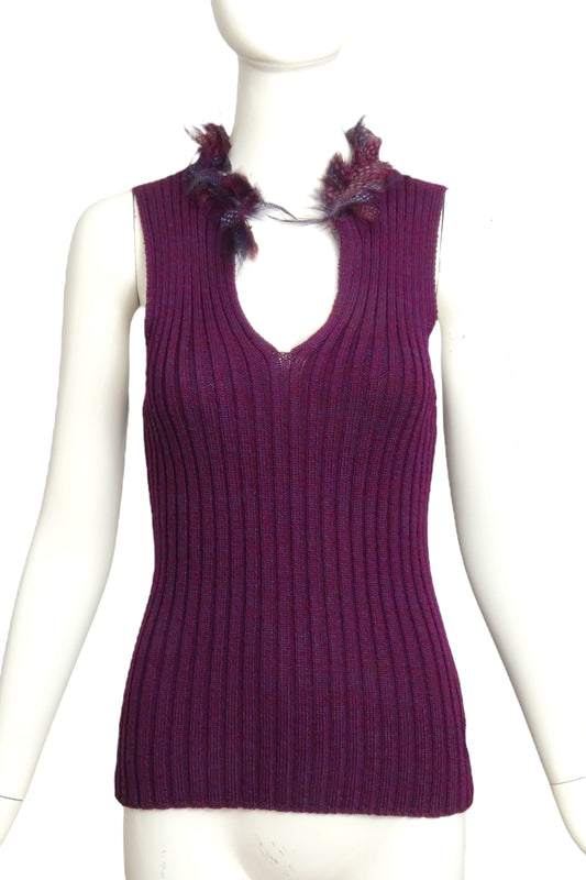 YVES SAINT LAURENT- 1980s Purple Sweater Vest w/ Feathers, Size 4