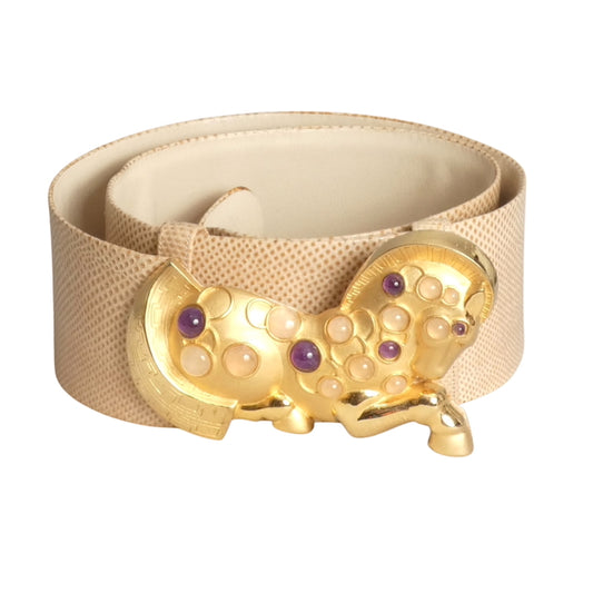 JUDITH LEIBER- 1980s Ivory Snakeskin Horse Buckle Adjustable Belt