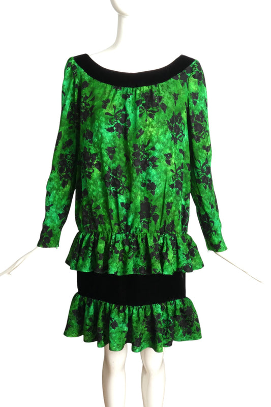 YVES SAINT LAURENT- 1980s Siik & Velvet Jacquard Dress, Size 6