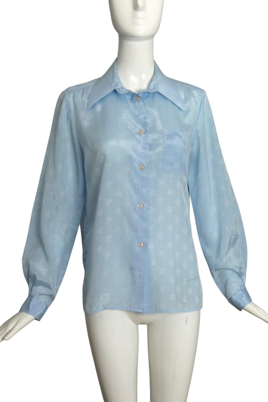 PIERRE CARDIN- 1980s Blue Jacquard L/S Blouse, Size 8