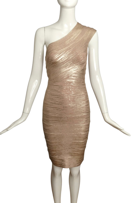 HERVE LEGER- NWT Metallic Gold Bandage Knit Mini Dress, Size XS