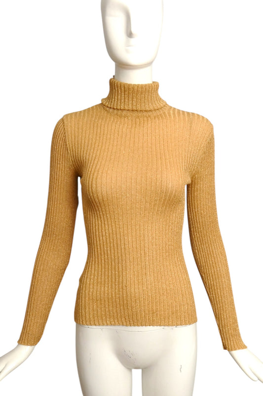 CHRISTIAN DIOR- 1960s Metallic Gold Knit Turtleneck Sweater, Size 2