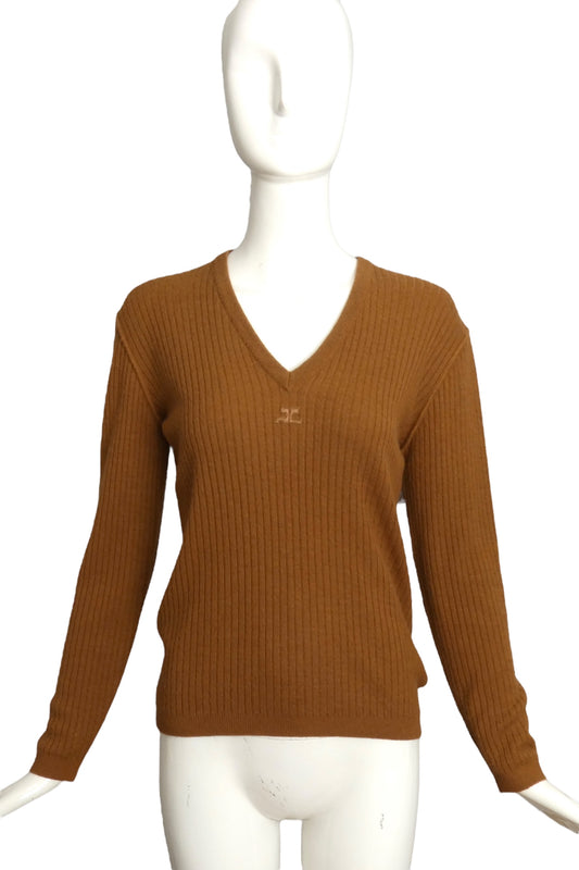 COURREGES- 1970s Brown Ribbed Knit Sweater, Size 6