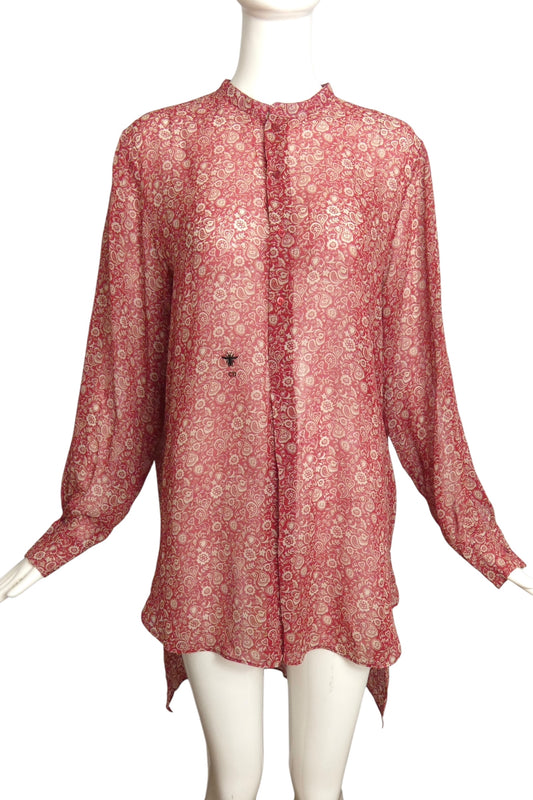 CHRISTIAN DIOR- Red Printed Silk Blouse, Size 8
