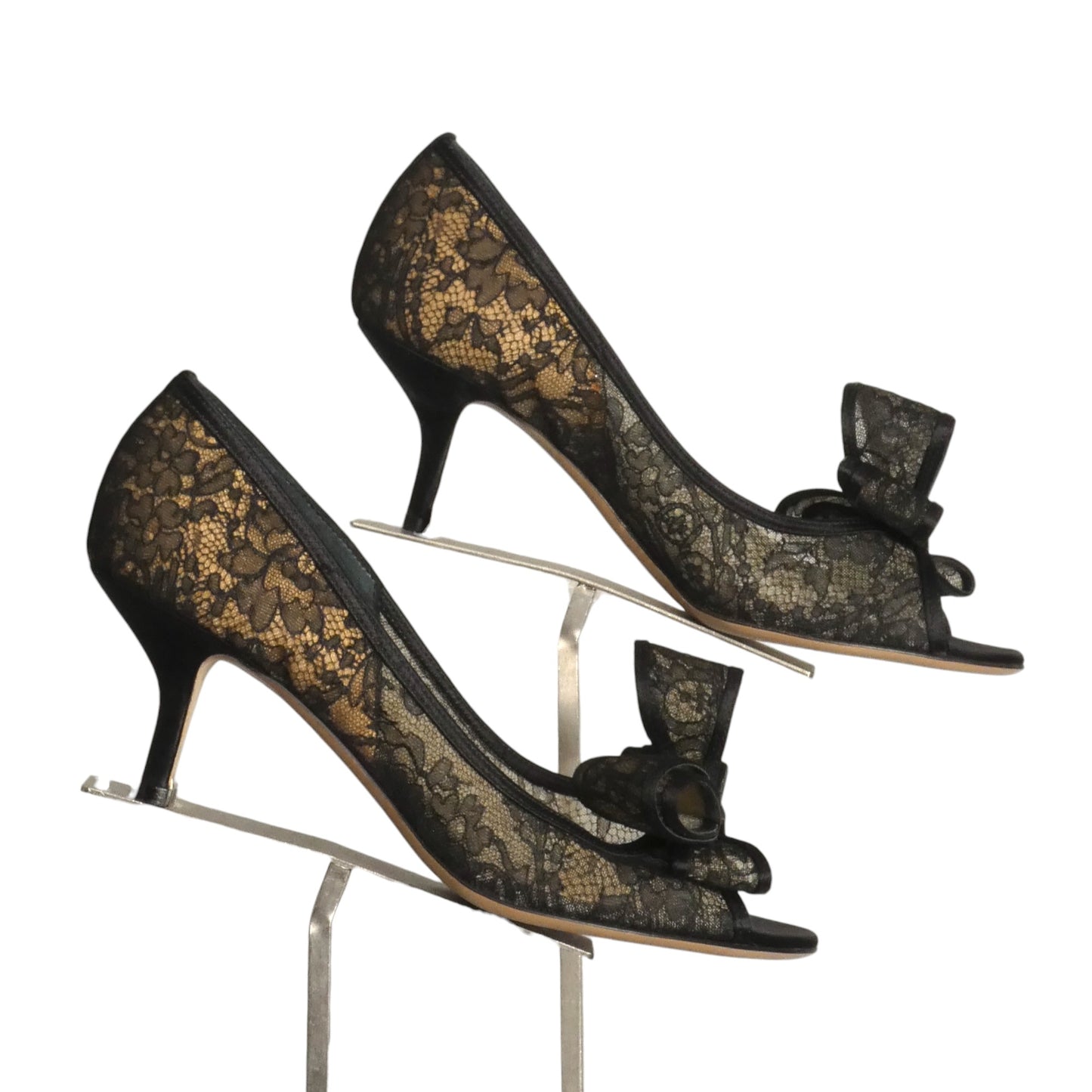 VALENTINO-Black Lace Bow Pumps, Size 36.5