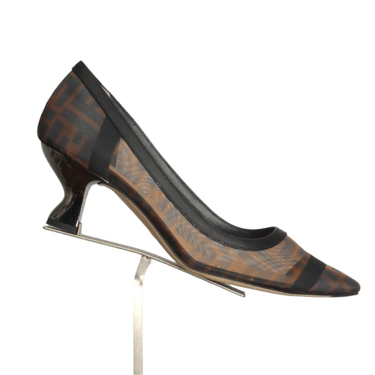 FENDI- Brown Mesh & Leather Zucca Pumps, Size 38.5