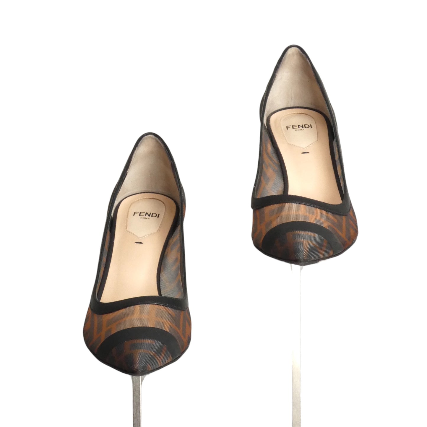 FENDI- Brown Mesh & Leather Zucca Pumps, Size 38.5