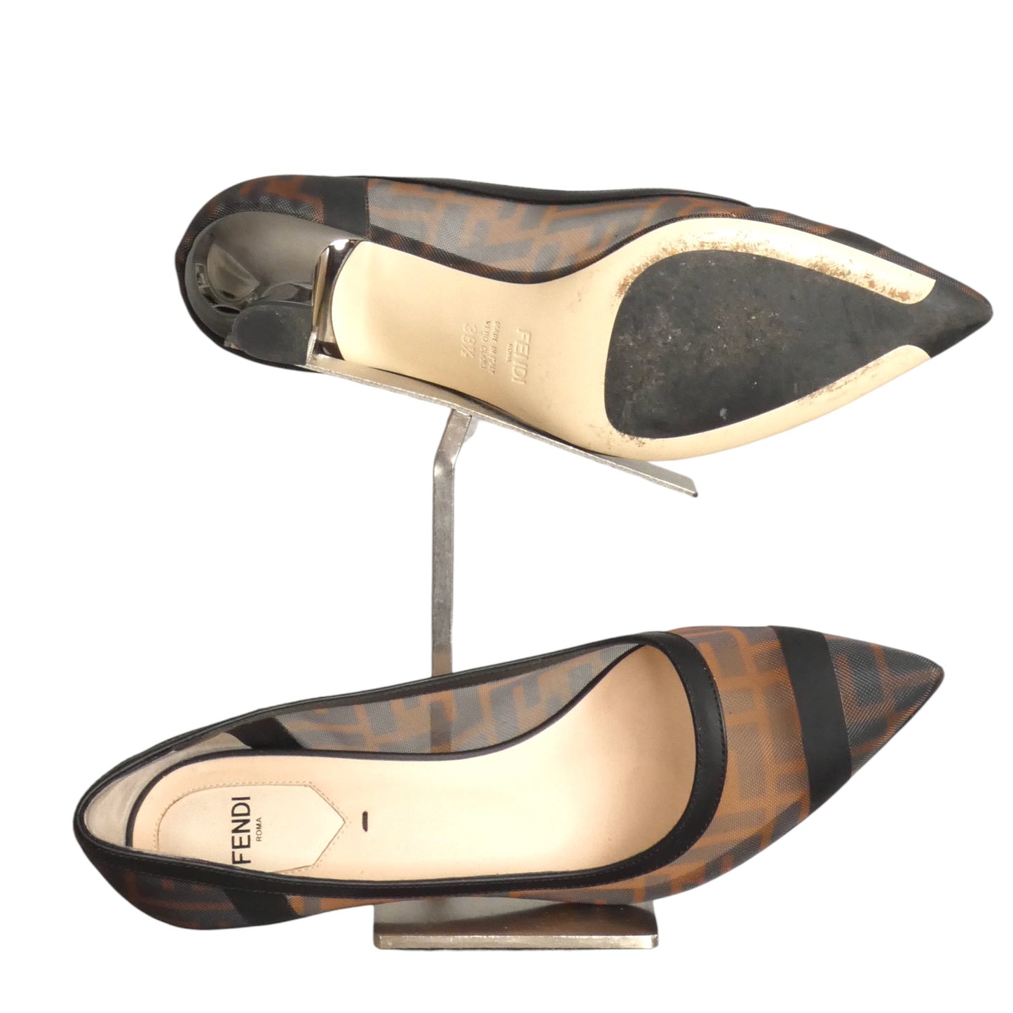 FENDI- Brown Mesh & Leather Zucca Pumps, Size 38.5