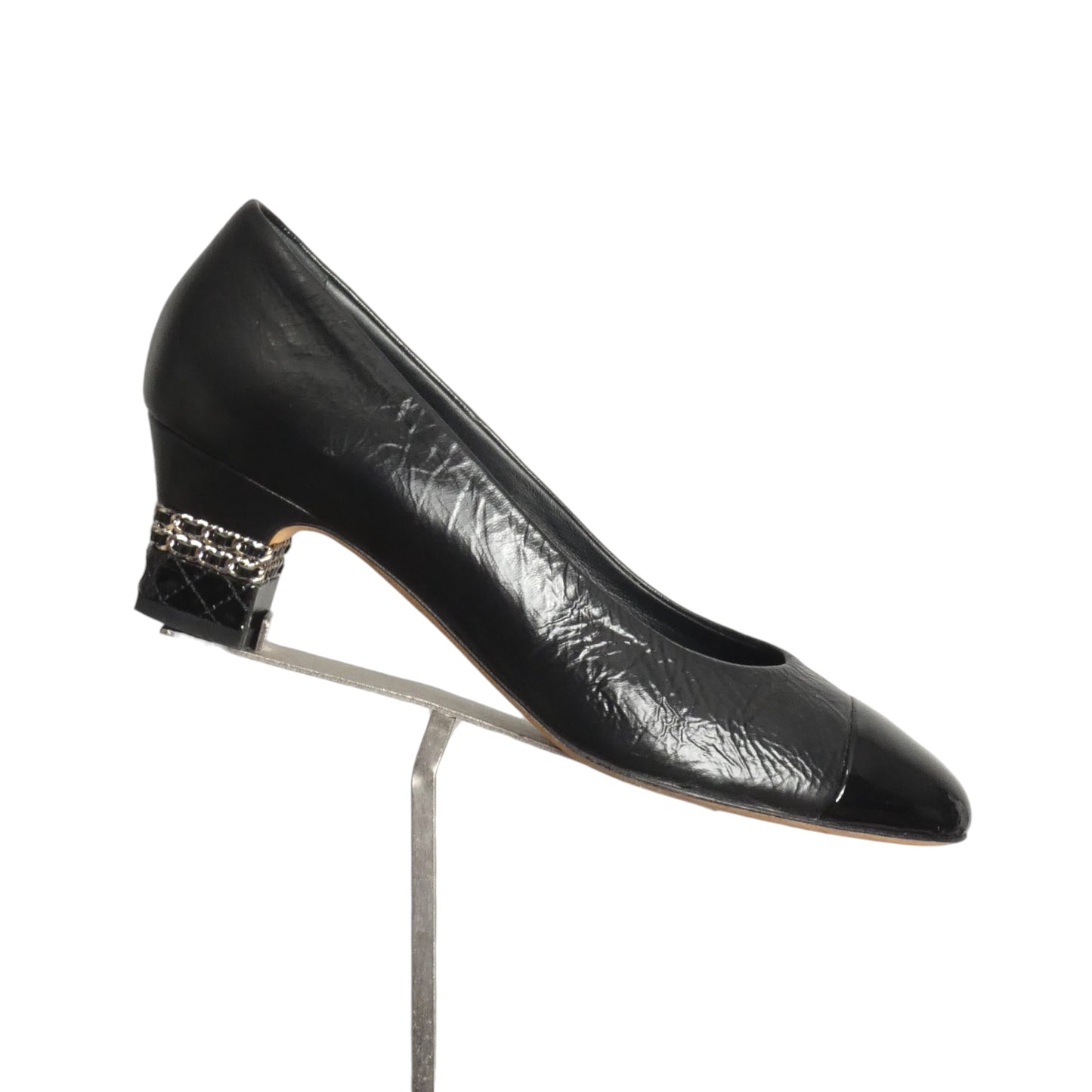 CHANEL- Black Patent Cap Toe Pumps, Size 39
