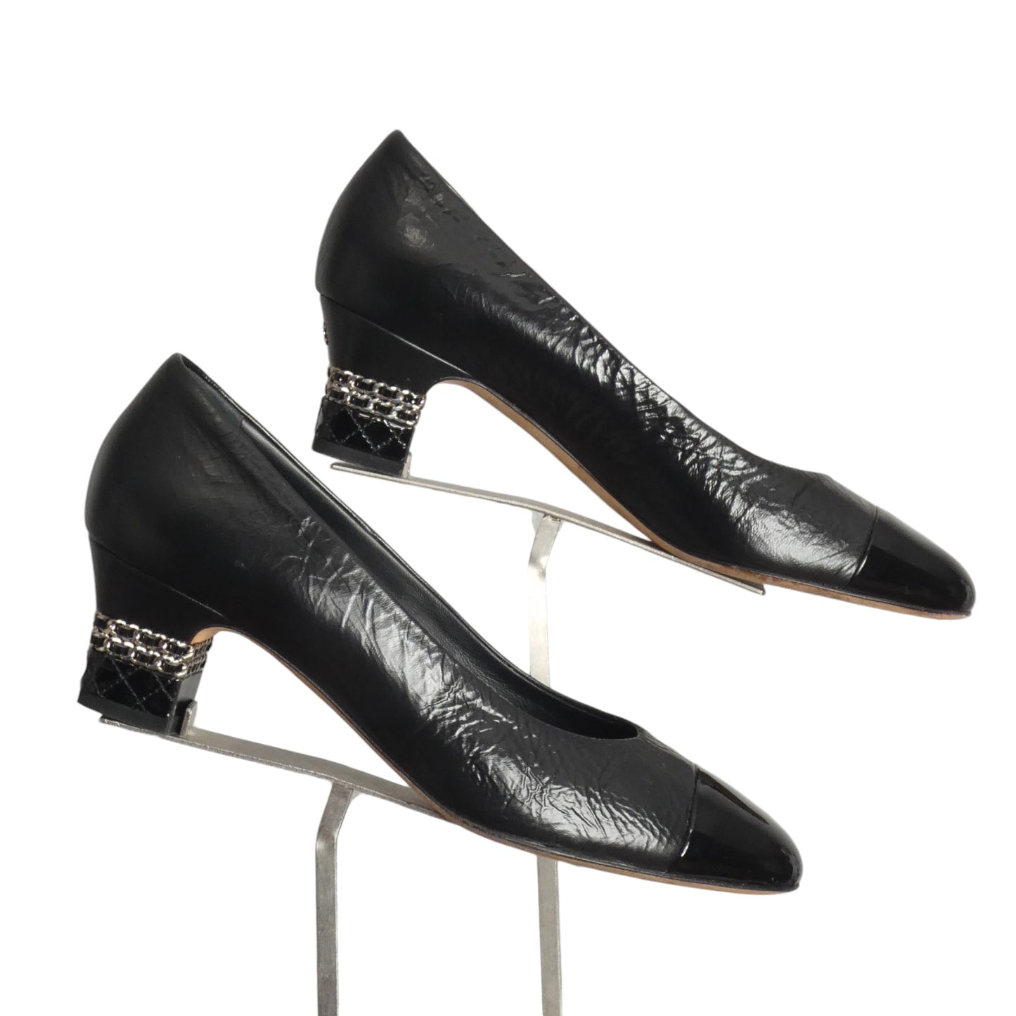 CHANEL- Black Patent Cap Toe Pumps, Size 39