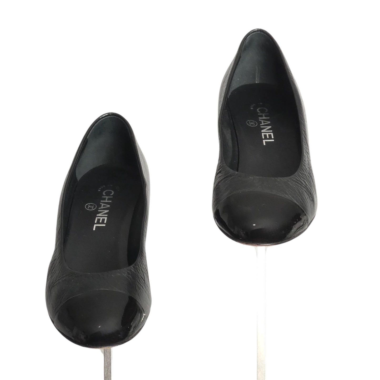 CHANEL- Black Patent Cap Toe Pumps, Size 39