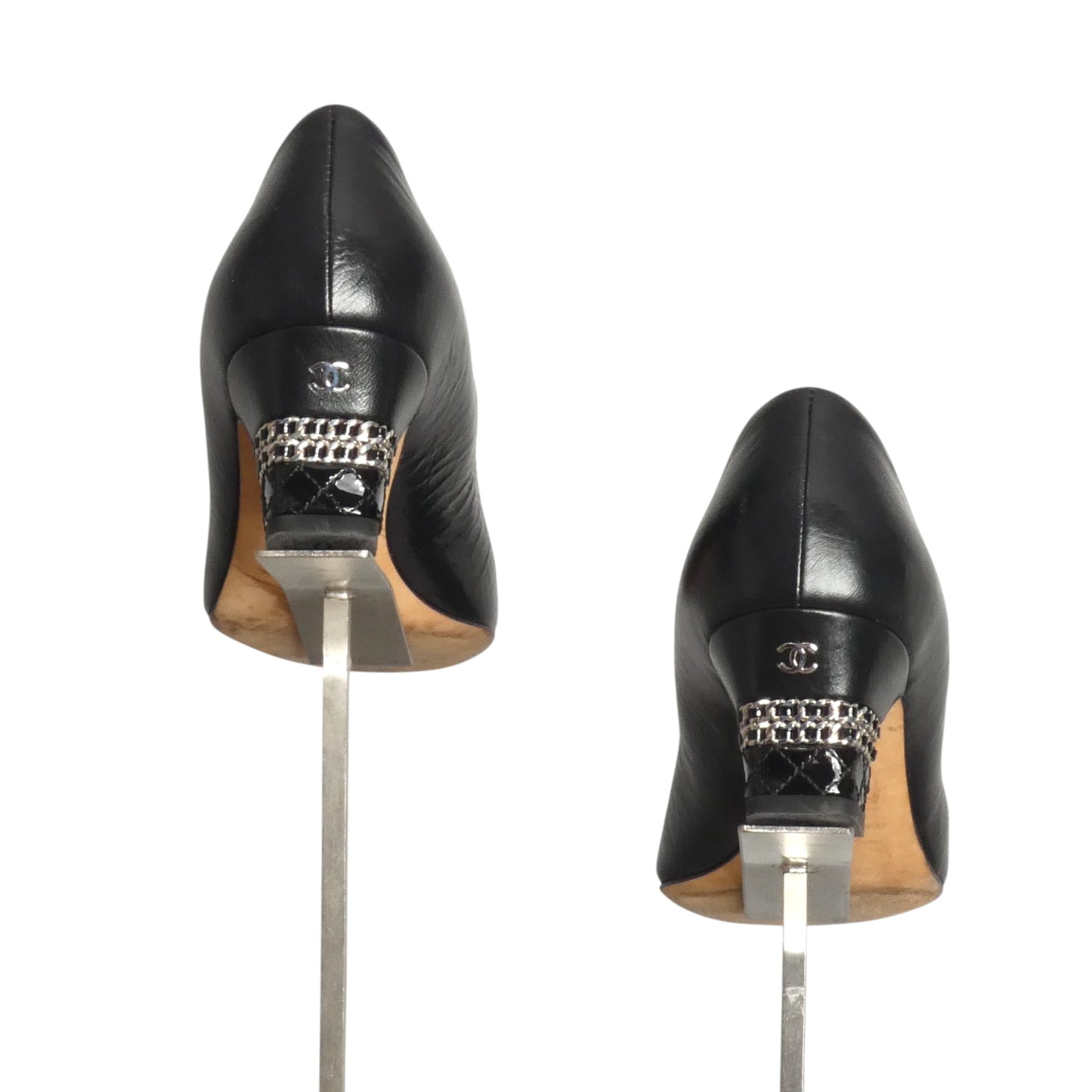 CHANEL- Black Patent Cap Toe Pumps, Size 39