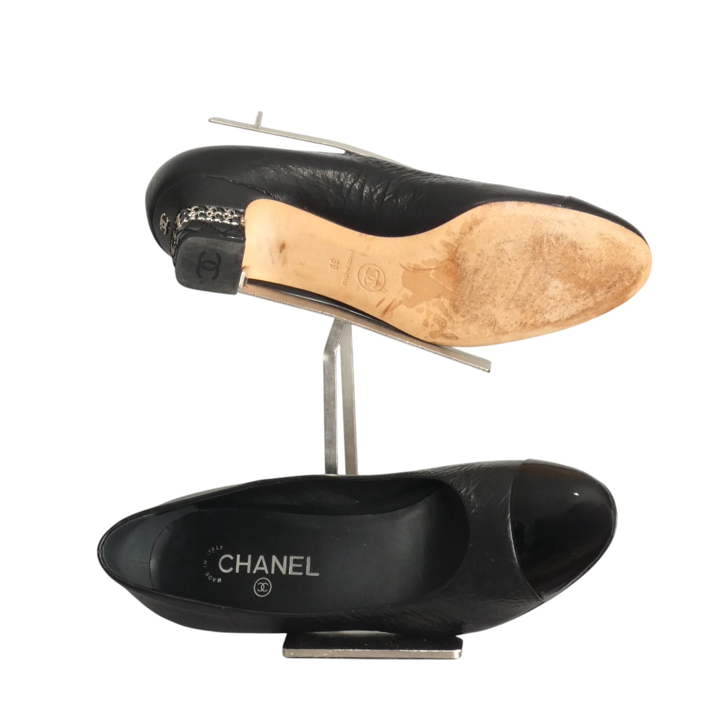 CHANEL- Black Patent Cap Toe Pumps, Size 39