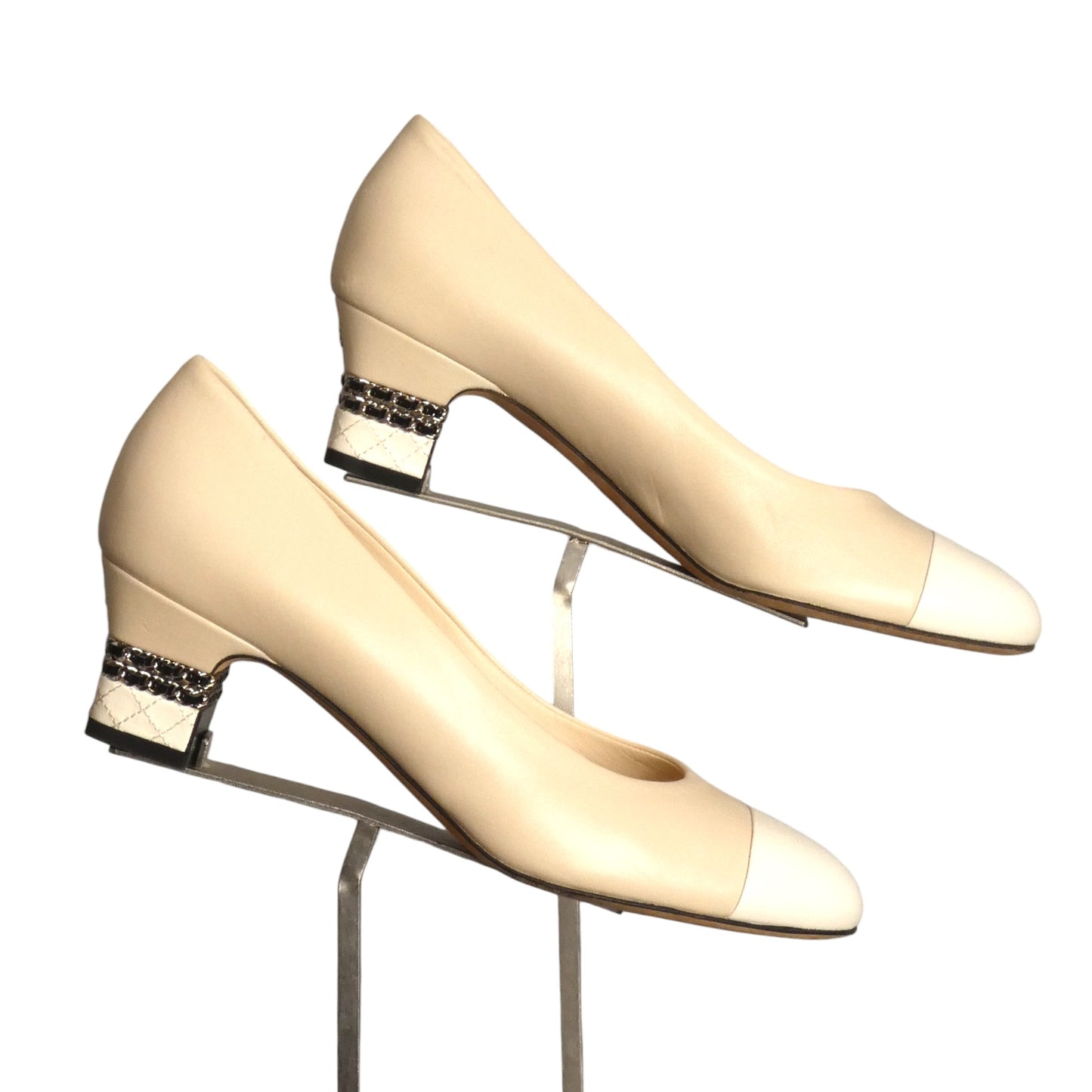 CHANEL- Beige & Ivory Cap Toe Pumps, Size 39