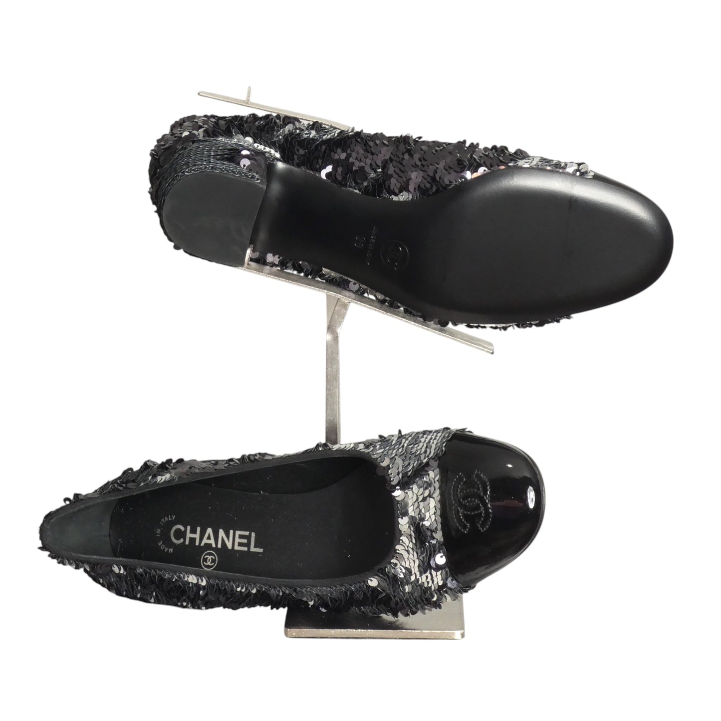 CHANEL- 2021 Black & Silver Sequin Pumps, Size 39