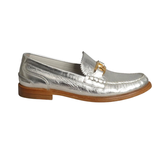 FENDI- 2022 O'Lock Metallic Silver Loafers, Size 39