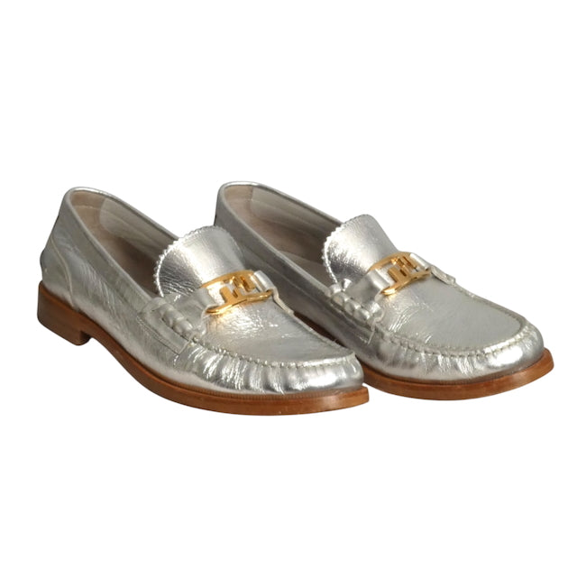 FENDI- 2022 O'Lock Metallic Silver Loafers, Size 39