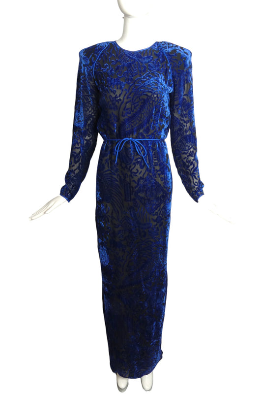 OSCAR DE LA RENTA- 1980s Blue Voided Velvet Gown, Size 4